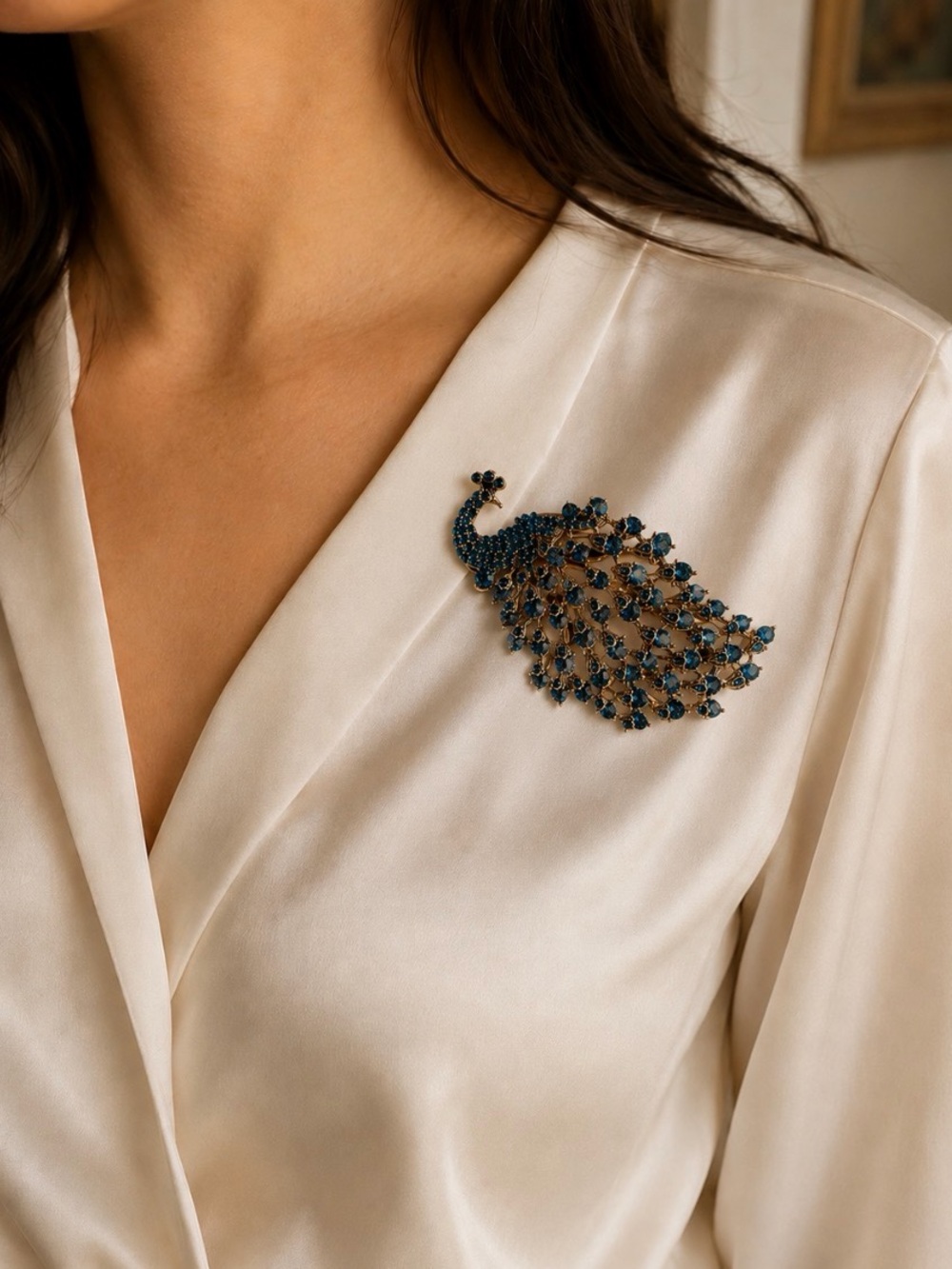 Teal Crystal Peacock Brooch large